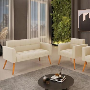 Imagem de Kit 1 Sofá Namoradeira e 1 Poltrona Elisa Suede Bege Pés Palito Castan