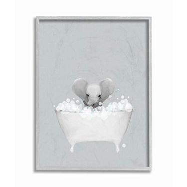 Imagem de Stupell Industries Design de animal fofo de banho azul elefante, projetado por Leah Straatsma, arte de parede, 28 x 3,8 x 35 cm, moldura cinza