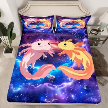 Imagem de Feelyou Jogo de lençol fofo de axolote galáxia, salamandra, universo, espaço sideral, costeiro, para crianças, meninos, meninas, 1 lençol com elástico, 1 lençol com elástico e 2 fronhas