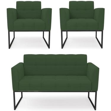 Imagem de Sofá Namoradeira E 2 Poltronas Base Industrial Preto Ana Veludo Verde - Ibiza