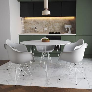 Imagem de Mesa Jantar Redonda 110Cm Branca Clips 3 Pés Com 5 Poltronas Brancas Ferro Branco Marrom