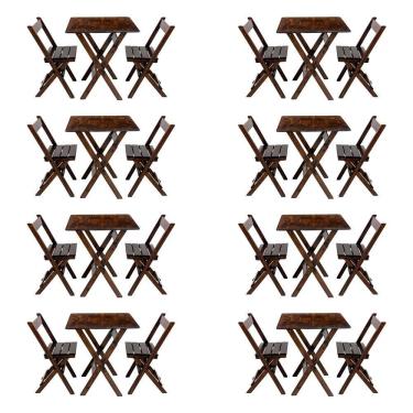 Imagem de Kit 8 Conjuntos Mesa Dobrável Para Bar E Restaurante 60x60cm Com 2 Cadeiras Em Madeira Maciça - Imbu - Marrom