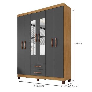 Imagem de Guarda Roupa Casal Ambiente Mogi Com Espelho 6 Portas Carvalho Americano Grafite - Incorplac