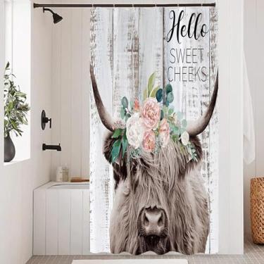 Imagem de Opeoddie Farmhouse Highland Conjunto de cortina de chuveiro de vaca 91 x 182 cm Western Bull estreita meia casa de banho cortinas de chuveiro animais de fazenda rústica pequena tenda única RV cortina