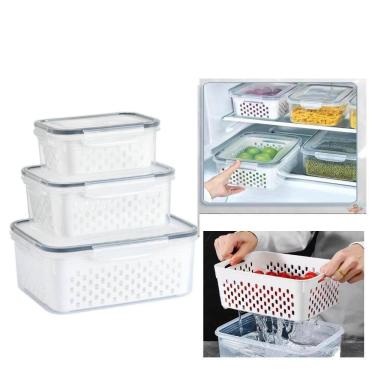 Imagem de Kit 3 Potes Organizadores Hermetico Com Cesto Drenagem Grande Multiuso Geladeira Microondas Freezer Dispens