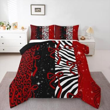 Imagem de Feelyou Jogo de cama casal com estampa de leopardo, para crianças, meninos, meninas, princesa, vermelho, preto, moderno, decoração de quarto, microfibra, 3 peças com 2 fronhas