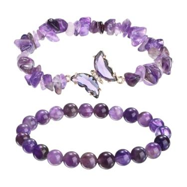 Imagem de PATIKIL Pulseiras de cristal para mulheres, 2 peças, pulseira de contas de ametista natural com pingente de borboleta elástica para presentes de amizade para casais, roxo