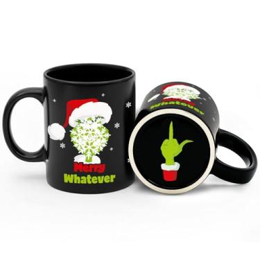 Imagem de Caneca de café engraçada de Natal, copos de 325 ml, caneca preta Merry Whatever , copos de festa de Natal para bebidas de chocolate quente cacau, presentes de elefante branco para mulheres e homens