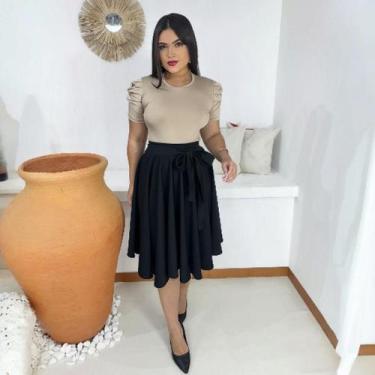 Imagem de Saia Midi Godê Moda Evangélica Feminina - Miss Flower, Preto, G