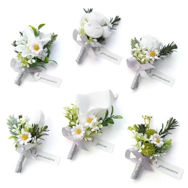 Imagem de Angela flower Conjunto de 6, margarida branca rosa calla lírios flor na lapela para homens, corsage flores artificiais padrinhos convidados conjunto de boutonniere para cerimônia de casamento