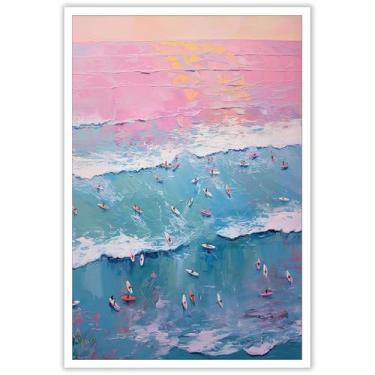 Imagem de Arte de parede rosa verão costeiro surfe Havaí feminino mar surfe pôsteres surfista oceano praia natação impressão estética pintura para sala de estar quarto decoração de parede 30,5 x 40,6 cm sem