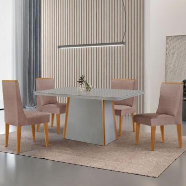 Imagem de Mesa De Jantar Diane 120cm Tampo Mdf Vidro 4 Cadeiras Lisboa Moderna Linho Capuccino Off White Serigrafia