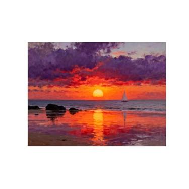 Imagem de Quadro em tela paisagem sol praia mar céu alaranjados Arte parede costeira para sala de estar Pintura paisagem 60x80cm24x31in sem moldura