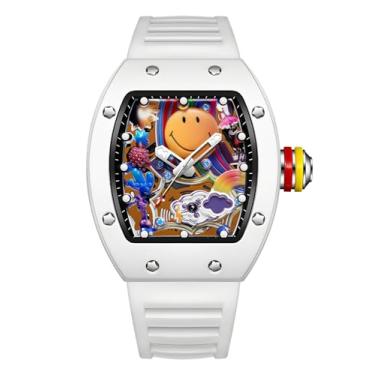 Imagem de Gosasa Relógio masculino moderno colorido com rosto sorridente – Relógio de pulso masculino Tonneau criativo moderno com pulseira de silicone, design luminoso exclusivo para presente, Branco