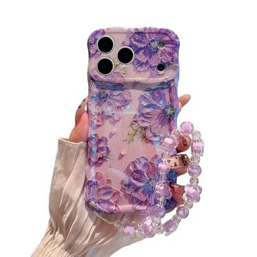 Imagem de Pretaco Capa ondulada para iPhone 17 Air, moldura de proteção encaracolada, estampa floral de pintura a óleo brilhante vintage, com linda corrente de contas para grils e mulheres (roxo)