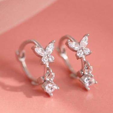 Imagem de Brincos de argola de zircônia cúbica de borboleta de prata estilo fresco, acessório feminino versátil de luxo delicado para presentear