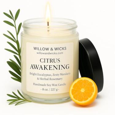Imagem de Vela de soja Citrus Awakening – 227 g | Eucalipto, mandarim e alecrim | Aroma cítrico edificante | Queima limpa e não tóxica | Frasco de vidro com tampa preta | Perfeito para foco, energia e presentes