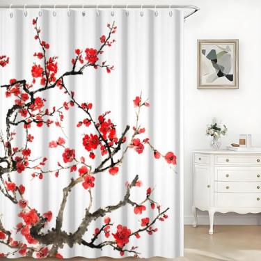 Imagem de TTQYFNM Cortina de chuveiro de flor de ameixa tradicional pintura de tinta chinesa asiática vermelha ramos de flores de ameixa estética cortina de banheiro tecido poliéster impermeável conjunto de