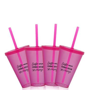 Imagem de Kit 4 Copos Com Tampa E Canudo Rosa Personalizado - Krystalon