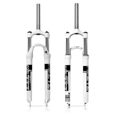 Imagem de B Bolany Garfo de suspensão 26/27,5/29 MTB, amortecedor de choque de liga de alumínio XC Mountain Bike Garfo dianteiro de viagem de 100 mm, QR de 9 mm, tubo reto de 28,6 mm, bloqueio manual (branco,