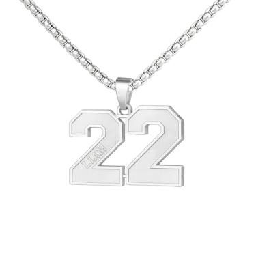 Imagem de Ldurian Colar com nome de número personalizado, pingente de corrente de número esportivo para homens, colares de nome de atletas personalizados 00-99 preto presente de aço inoxidável para homens