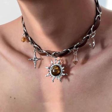 Imagem de Colar feminino de couro, marrom, sol, lua, estrela, pingente, acessórios punk, presentes, Medium, Latão, Sem Pedra Preciosa