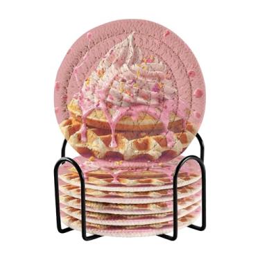 Imagem de SEHANY Lindo conjunto de 6 porta-copos de sorvete com suporte, porta-copos redondos absorventes de algodão resistente ao calor para mesa de jantar, canecas de café, proteção de xícara, 10 cm