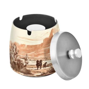 Imagem de Blueangle Cinzeiro Western Cowboys com tampa para cigarros, à prova de vento/chuva, aço inoxidável, sem fumaça, inodoro, cinzeiro para uso interno ou externo (227)