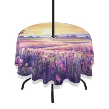 Imagem de Blueangle Toalha de mesa redonda de 152 cm à prova d'água ao ar livre em um campo roxo com orifício para guarda-chuva - Tecido resistente à prova de sol para todos os climas para pátio, acampamento