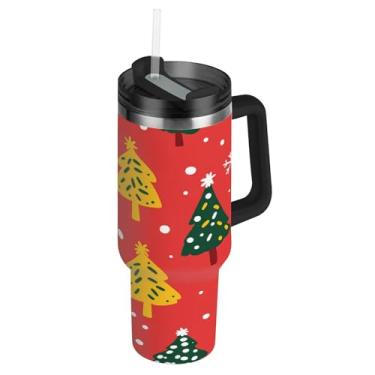 Imagem de ATTX Copo de árvore de Natal de 1,134 g com alça, copo de aço inoxidável a vácuo de parede dupla com palha, caneca de café de viagem isolada #545