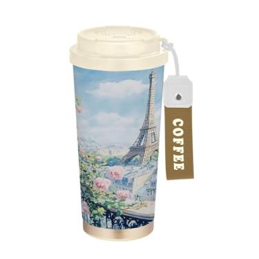 Imagem de SEHANY Caneca de viagem Torre de Paris em aquarela de 500 ml Copos de café reutilizáveis revestidos de cerâmica com tampa à prova de vazamento, parede dupla, isolamento a vácuo, copo de café de aço