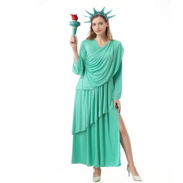 Imagem de HAPNBCELE Fantasia feminina Lady Liberty com tocha, coroa, 4 de julho, fantasia fantasia estátua das liberdades cosplay Halloween, Verde menta, X-Large