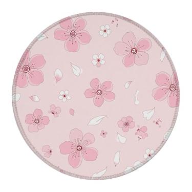 Imagem de Tapete de mouse redondo, flores de cerejeira rosa, tapete de mesa pequeno, tapete de mouse para jogos com base antiderrapante e borda costurada, pequeno tapete de mouse de teclado de computador para