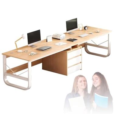 Imagem de HGTRH Mesa de escritório para 2 pessoas com gaveta de 3 arquivos, mesa dupla grande para computador com almofadas ajustáveis para os pés, estante de livros, mesa de trabalho moderna para PC duplo para