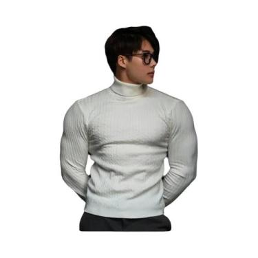 Imagem de Suéter Masculino De Tricô Quente Com Gola Alta, Manga Longa, Listrado,