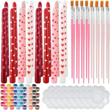 Imagem de Treela Kit de pintura de vela cônica galentina com 48 peças, castiçais de 25 cm, tiras de tinta acrílica, paletas, pincéis de pintura para artesanato, aniversário, casamento, jantar, decoração de casa