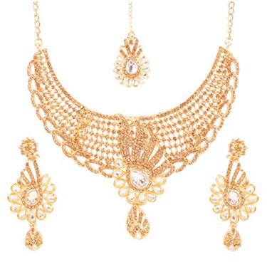 Imagem de Touchstone Conjunto de colar indiano Bollywood tradicional e moderno de bolinhas Kundan com strass para noivas em tom dourado Amarelo