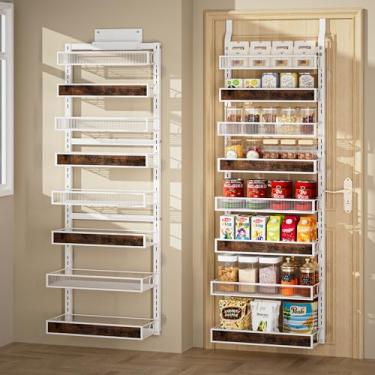 Imagem de Clothink Organizador de despensa sobre a porta, suporte de temperos para porta suspensa de 8 níveis com cesta de madeira ajustável e cesta de acrílico, prateleira de armazenamento de porta de metal