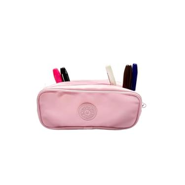 Imagem de Estojo Escolar VMP em PVC Rosa – Compartimento Duplo com Zíper Reforçado para Canetas, Lápis e Acessórios Escolares.