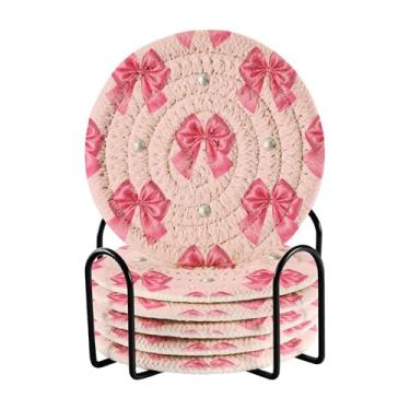 Imagem de SEHANY Conjunto de 6 porta-copos com laço rosa fofo com suporte, porta-copos redondos absorventes de algodão resistente ao calor para mesa de jantar, canecas de café, 10 cm