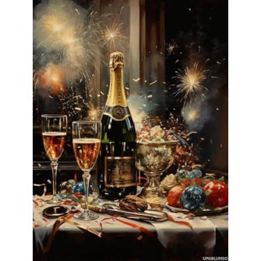 Imagem de UPABLUNSO Happy New Year Champagne 5D Diamond Paint for Adults Full Drill Round Diamond Art Painting by Number Kits para Iniciantes Gemas Ponto Cruz para Decoração de Parede 30 x 40 cm
