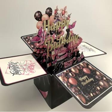 Imagem de Conjunto de caixa de cartão de aniversário pop-up 3D, escultura de papel cortado a laser com balões rosa e dourados, champanhe, inclui cartões comemorativos, envelopes e notas para aniversários e dia