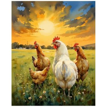 Imagem de Kit de pintura de fazenda por números para adultos – DIY galinhas no campo ao pôr do sol pintura em tela, conjunto de tinta acrílica, adequado para iniciantes, arte para decoração de casa ou presentes