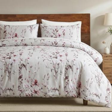 Imagem de Bedorm Conjunto de edredom queen de algodão floral, ramos de flores verdes, estampa botânica, vintage, jardim, campo, quarto, edredom para mulheres e meninas