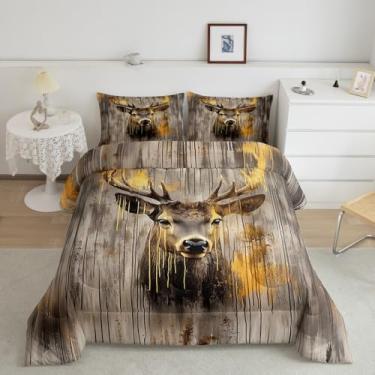 Imagem de Erosebridal Conjunto de edredom rústico de veado, solteiro, cabana de fazenda, para homens, adultos, animais selvagens, vintage, pintura dourada, estilo rural, decoração respirável