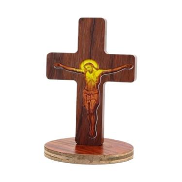 Imagem de Generic Crucifixo de mesa católico de madeira com suporte, 8 cm (3,15 polegadas), ornamento de Jesus para decoração de casa.