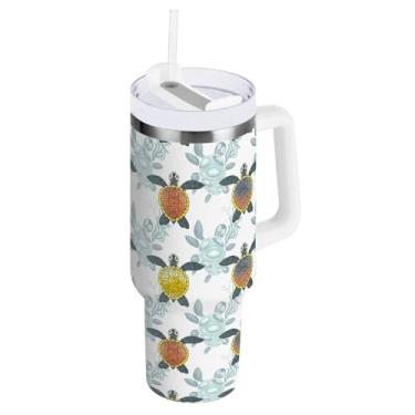 Imagem de Copos brancos com isolamento duplo de tartarugas marinhas com alça e tampa de palha, caneca isolada 850 g / 0,89 L