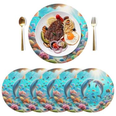 Imagem de Conjunto de tapetes de PVC duráveis Dolphins Ocean Blue 38 cm, 6, tapetes laváveis para mesa de jantar
