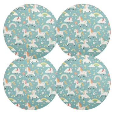 Imagem de Jogo americano unicórnio azul arco-íris conjunto de 4 tapetes de PVC 38 cm para mesa de jantar, lavável para festa de Natal