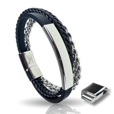 Imagem de RogueRaven Pulseira masculina de couro preto Premium I | Couro trançado genuíno: designs de corrente simples, dupla, empilhada e de aço inoxidável | Pulseira masculina de couro genuíno com fecho de